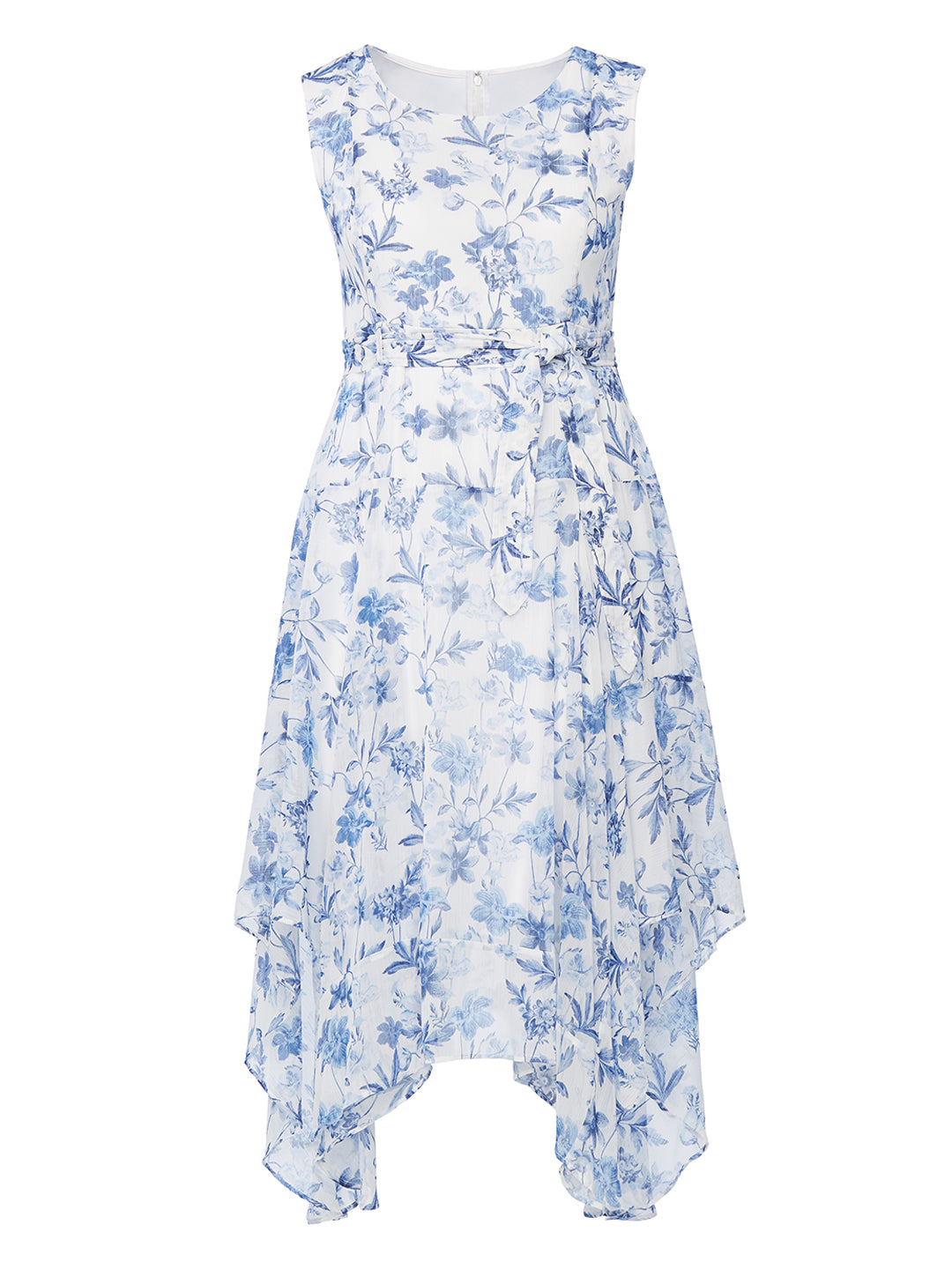 white dress with blue flowers